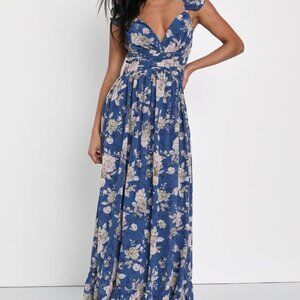 Lulus Soiree Celebration Blue Floral Ruffled Lace-up Maxi Dress - Size L